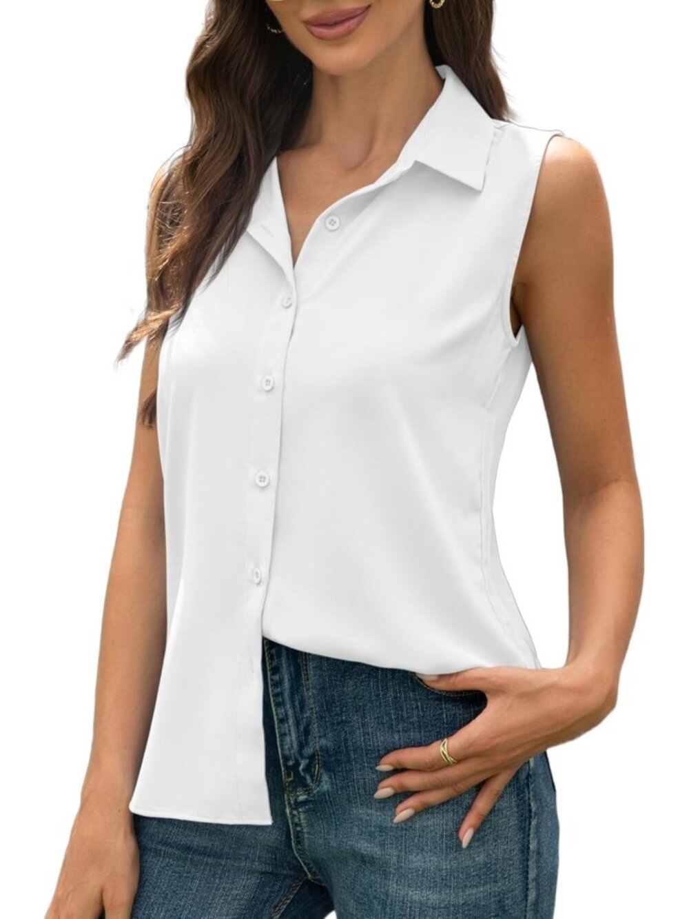 Women's Sleeveless Button Down Shirts - Wrinkle-Free Collared Blouses for Summer